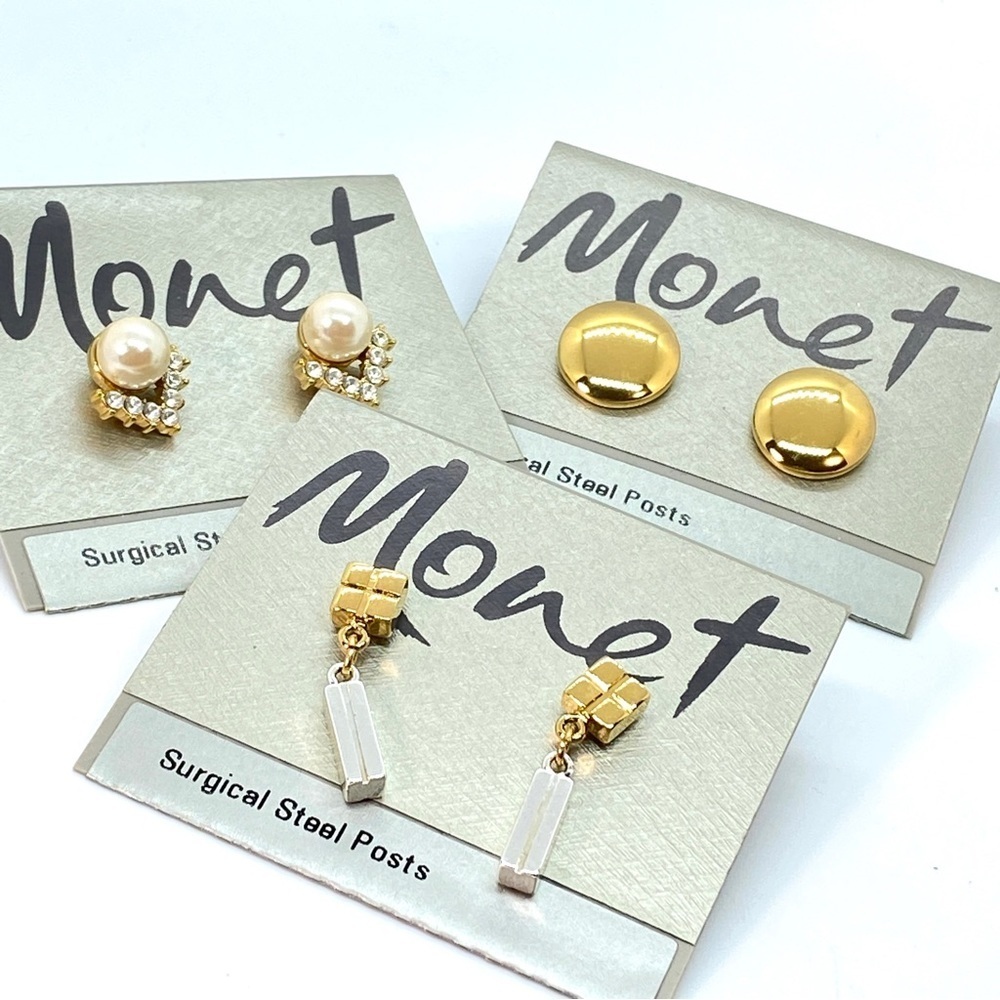 MONET Bundle of Three Pairs New on Cards Pierced Earrings Post Style